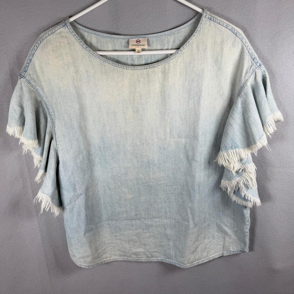 AG Adriano Goldschmied Top Womens Small Relaxed Light Blue Ruffle Denim EUC